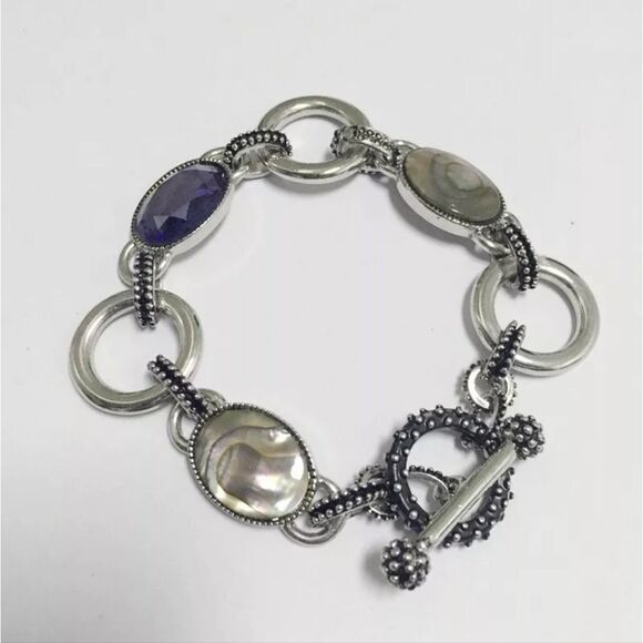 Lia Sophia Silver Tone Abalone & Purple Glass Toggle Bracelet NWOT 7.5" - Picture 3 of 13